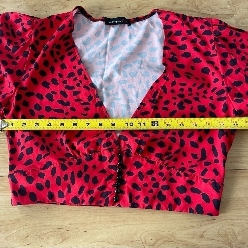 Balloon Sleeve Button Front Crop Top Red Leopard Print Gillian Blouse - Picture 8 of 13